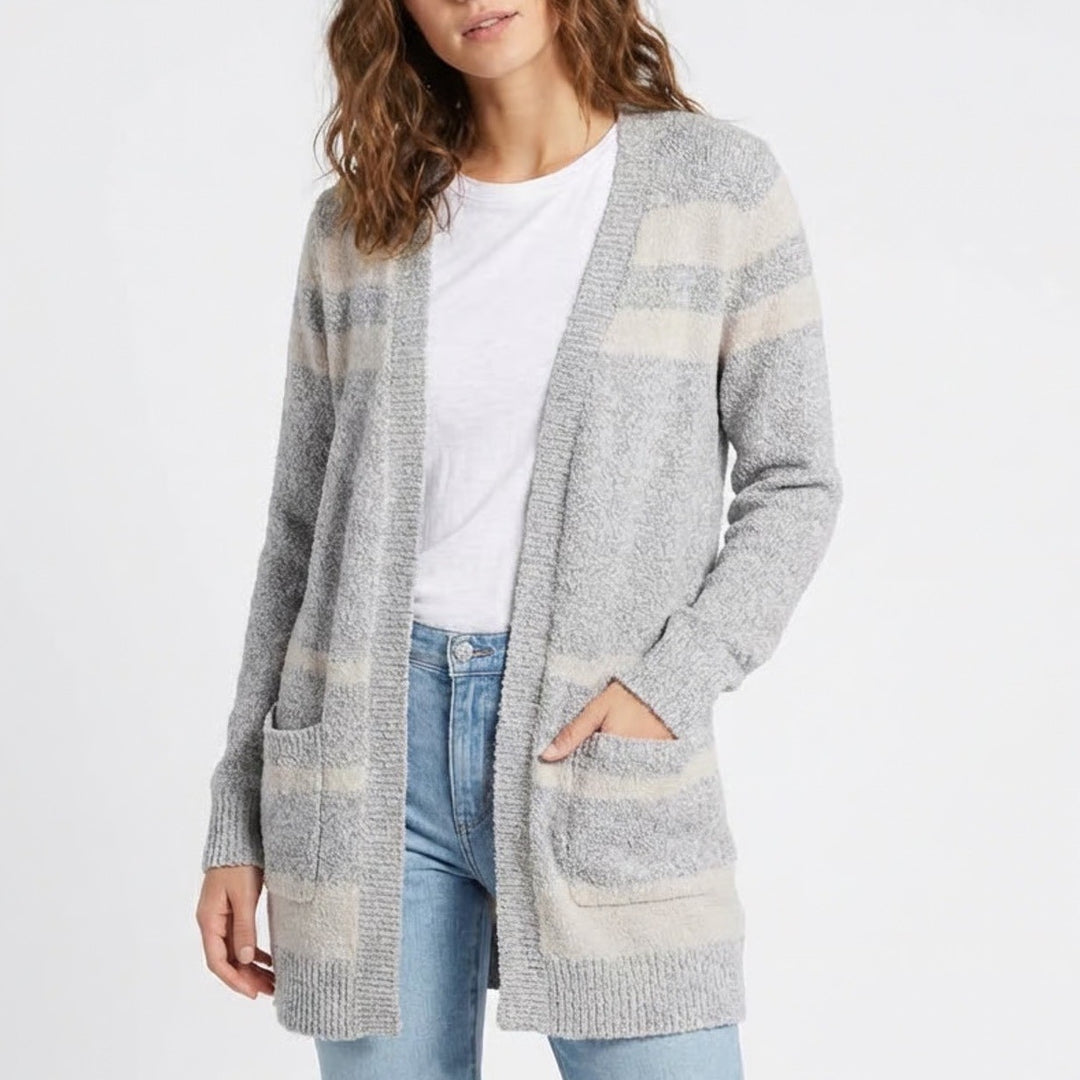 Belle by Belldini Cardigan Sweater Womens XL Gray White Striped Long Sleeve