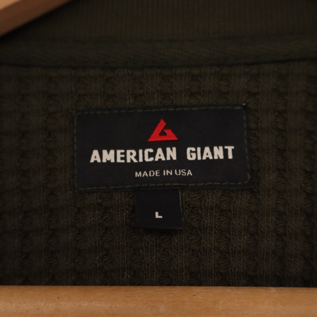 American Giant T Shirt Mens Large Olive Green Stretch Waffle Knit Henley Neck