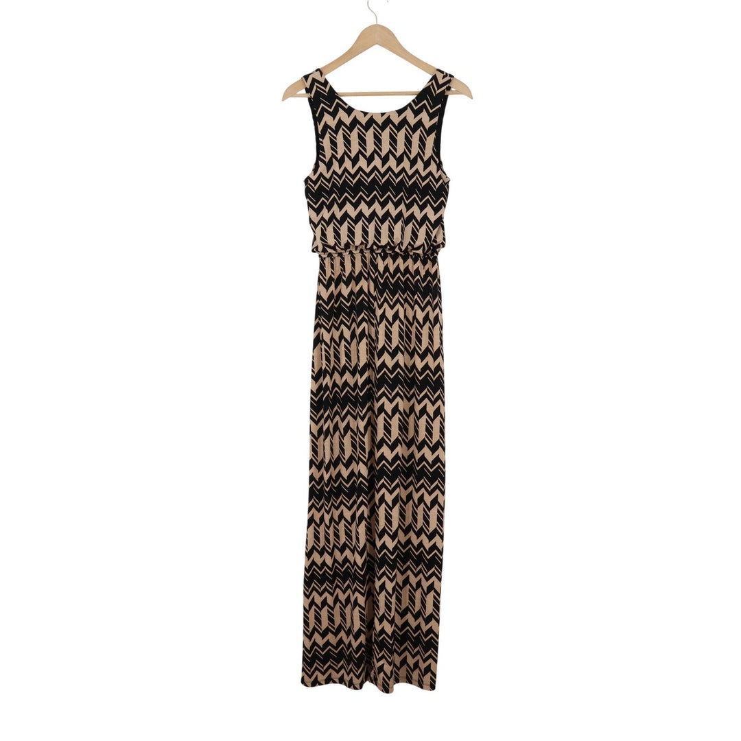 Chevron Print Maxi Dress Sleeveless Elastic Waist Tan Black Geometric S