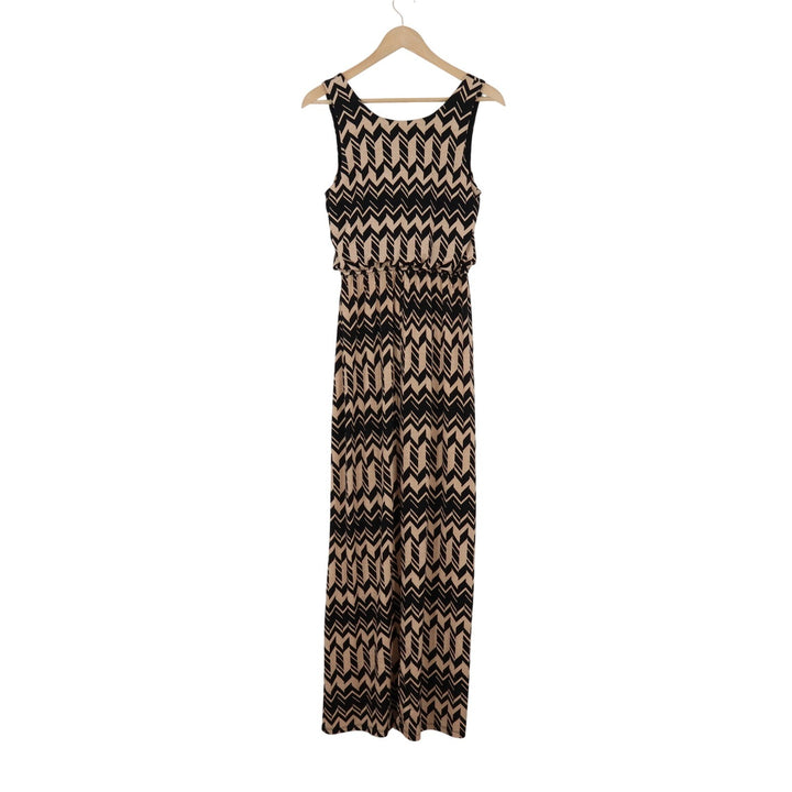 Chevron Print Maxi Dress Sleeveless Elastic Waist Tan Black Geometric S