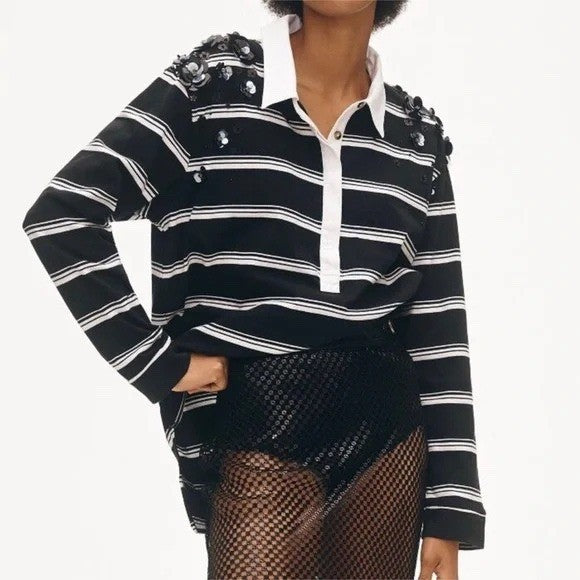 Anthropologie Maeve It Girl Polo Top Womens XS Black White Striped Sequin Rugby