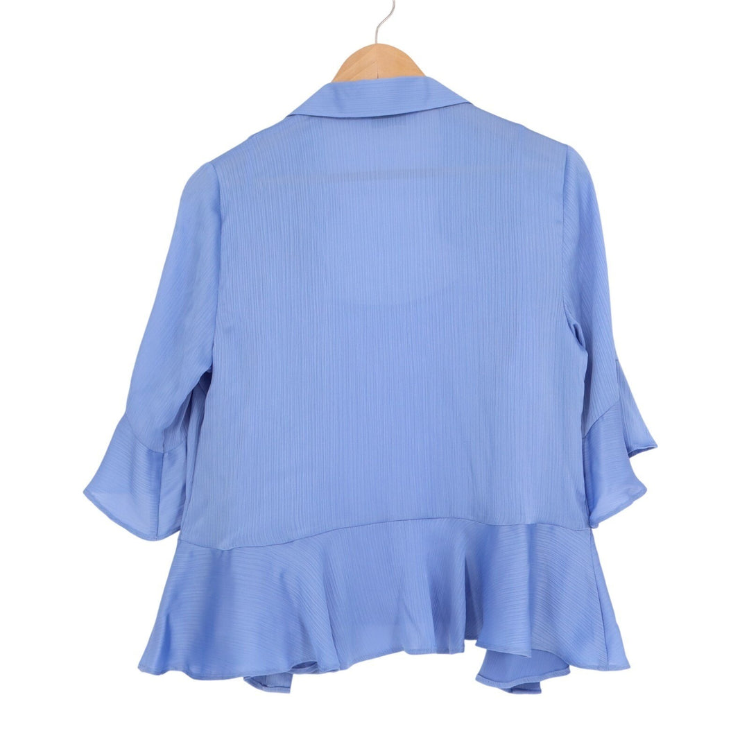 Nine West Shirt Womens Small Blue Button Front Ruffle Detail Peplum Hem Top