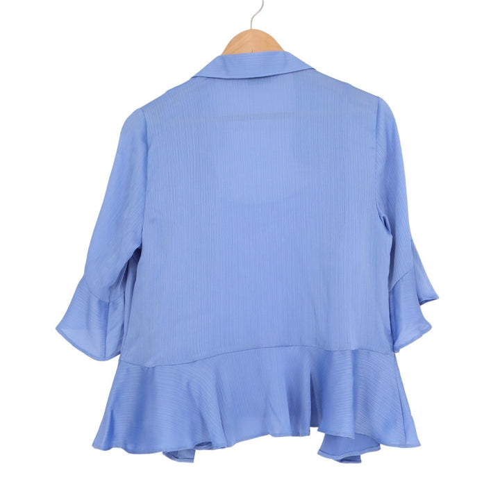 Nine West Shirt Womens Small Blue Button Front Ruffle Detail Peplum Hem Top