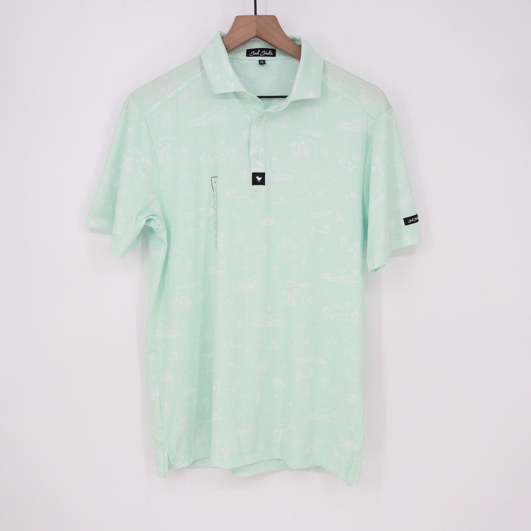 Bad Birdie Mens Mint Green Desert Cactus Print Performance Golf Polo Shirt S