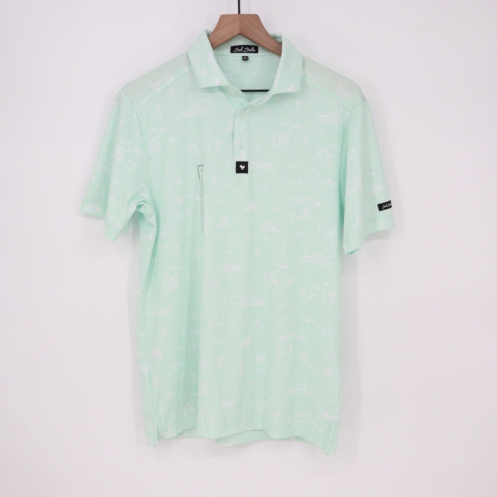 Bad Birdie Mens Mint Green Desert Cactus Print Performance Golf Polo Shirt S