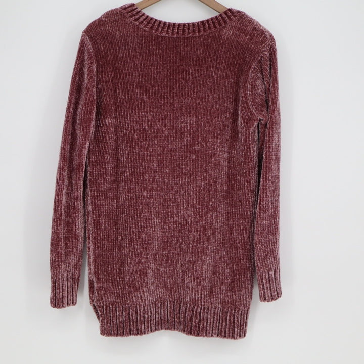 Orvis Chenille Tunic Sweater Womens M Maroon Ribbed V-Neck High Low Hem Pullover