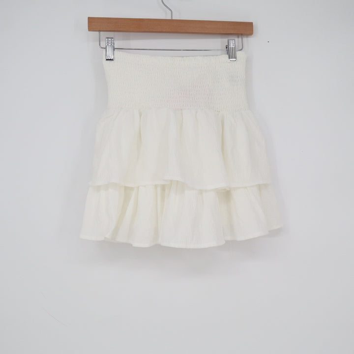 Shein Mod White Tiered Ruffle Mini Skirt Smocked High Waist Tie Front XS NEW
