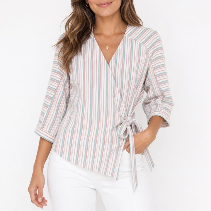 By Etcetera Womens Multi-Color Striped 3/4 Sleeve Wrap Blouse Size 8 V-Neck Top
