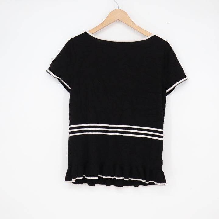 White House Black Market Black White Striped Peplum Knit Top Short Sleeve Medium