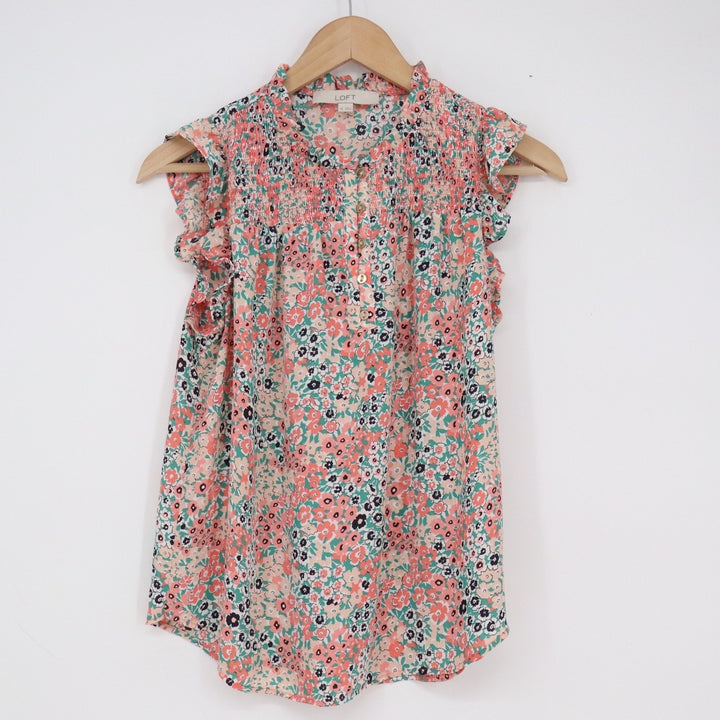 LOFT Womens XS Floral Smocked Ruffle Sleeveless Blouse Coral Teal Split Neck Top