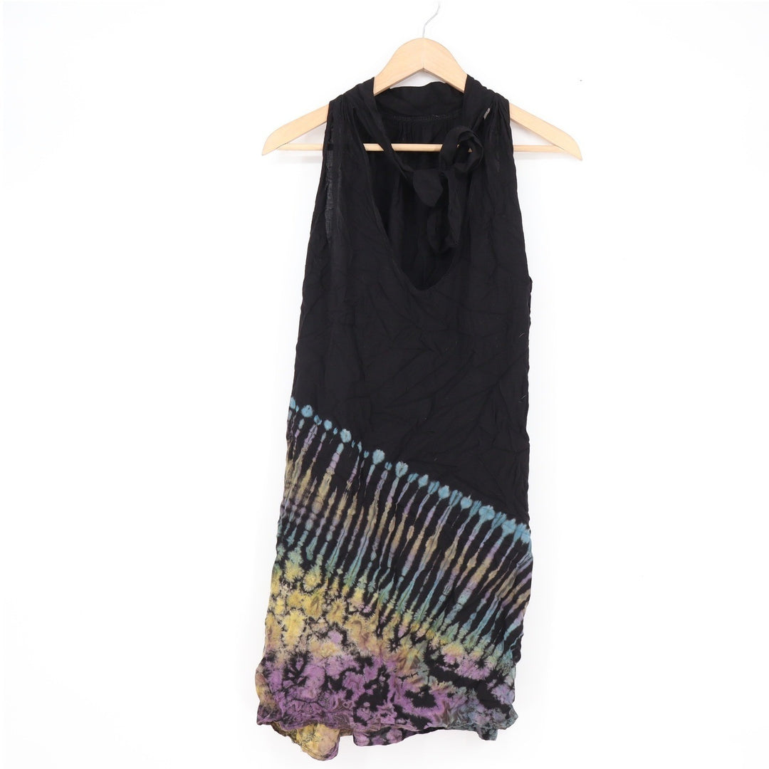 Black Tie Dye Rayon Halter Neck Shift Dress Sleeveless Boho Mini Tunic O/S
