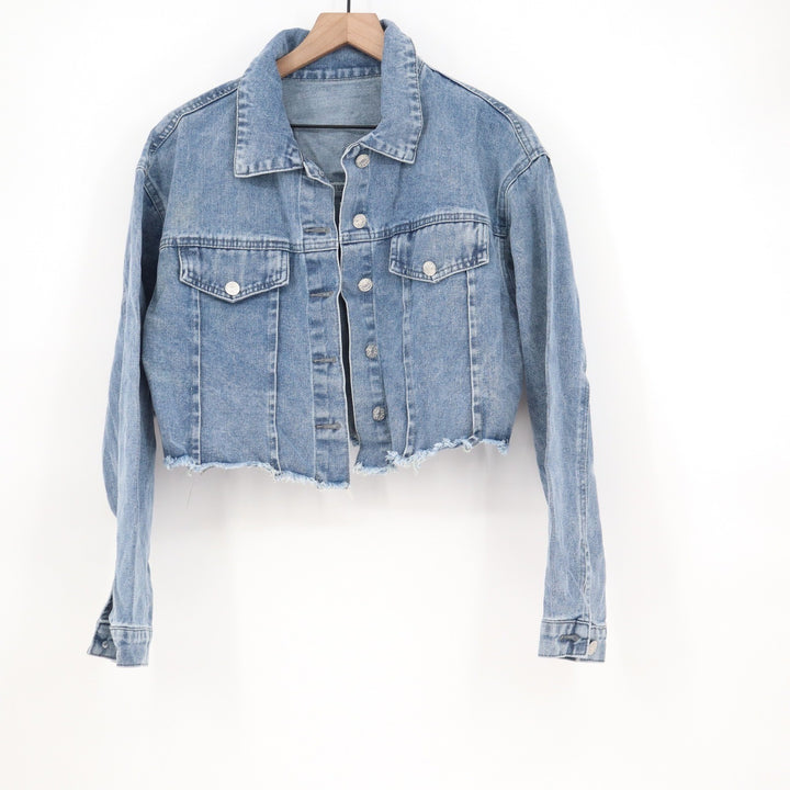 SHEIN Womens Light Wash Cropped Denim Jacket Raw Hem Blue Large