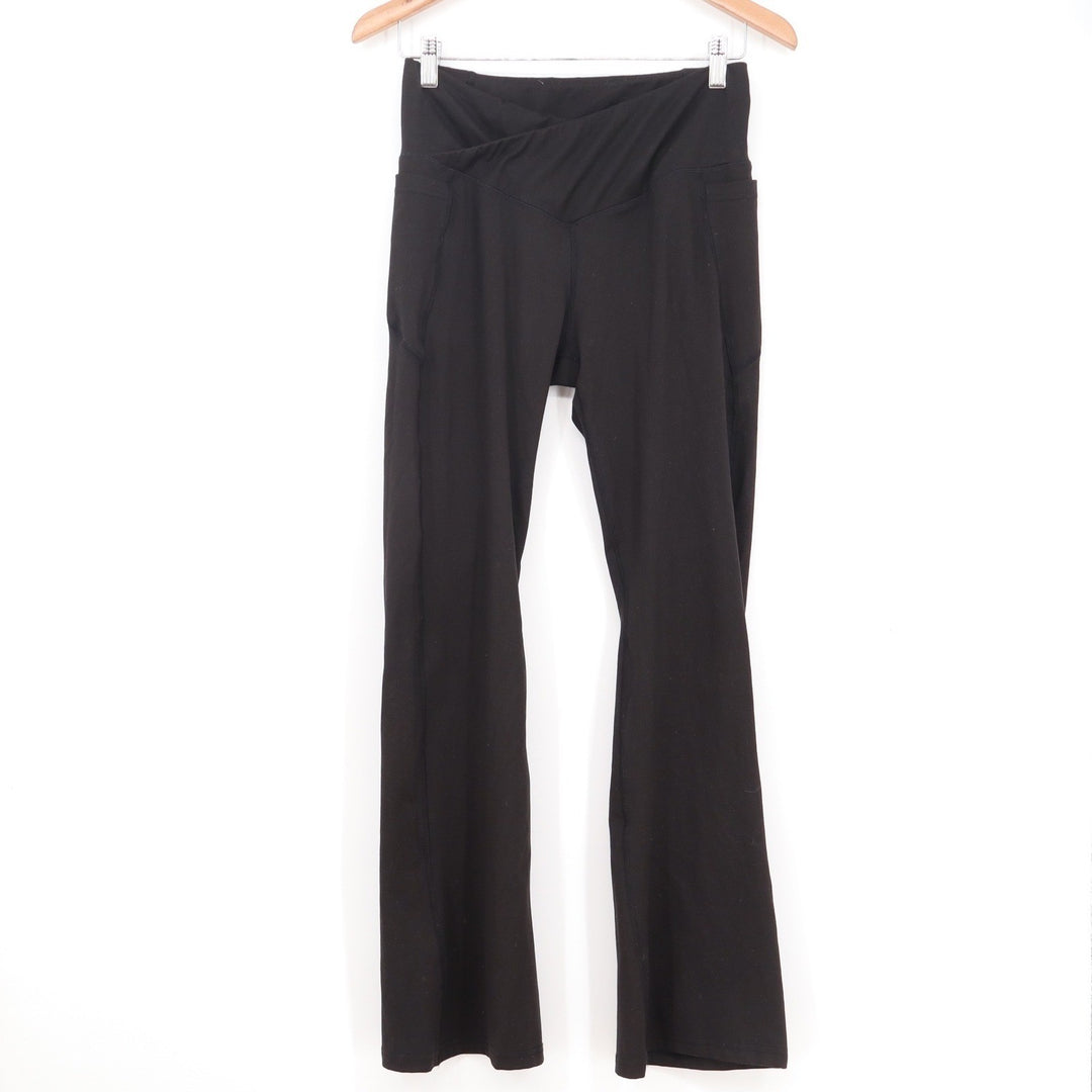 Active Domino Fashion Black Crossover V-Waist Yoga Pants Side Pockets Bootcut