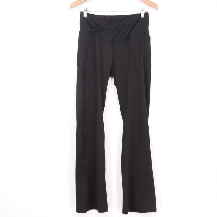 Active Domino Fashion Black Crossover V-Waist Yoga Pants Side Pockets Bootcut