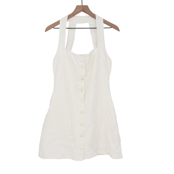 Showpo Ricki Mini Dress White Linen Blend Halter Neck Button Front Size 8