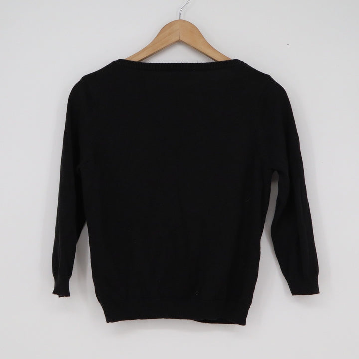 Joseph A Black Bow Shoulder Cardigan Sweater Rhinestone Button 3/4 Sleeve Small
