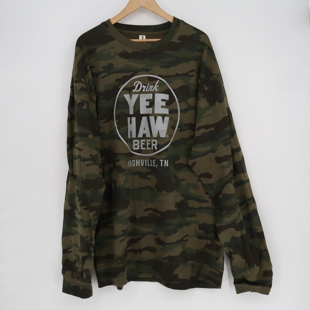 Independent Trading Co Sweatshirt Mens 2XL Multi Camo Yee-Haw Beer Crew Neck
