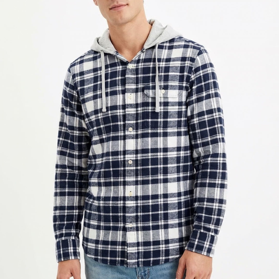 American Eagle Outfitters Flannel Shirt Mens Medium Blue White Cotton Hooded