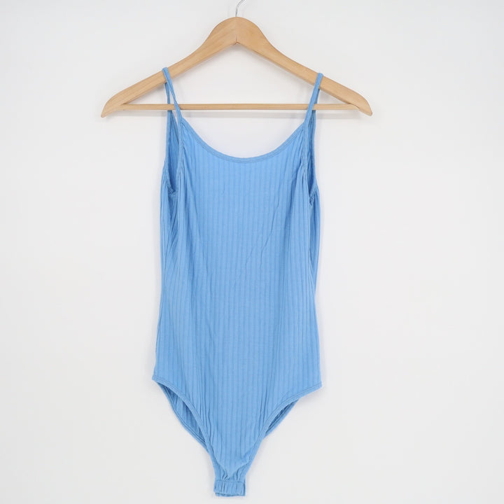 Out From Under Bodysuit Womens M Blue Stretch Knit Scoop Neck Spaghetti Strap