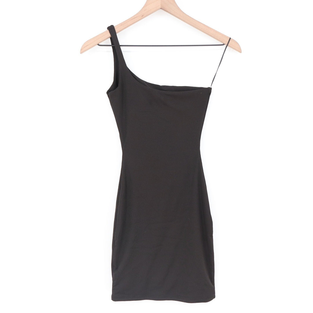 Naked Wardrobe Black Ribbed One Shoulder Mini Dress Womens Medium