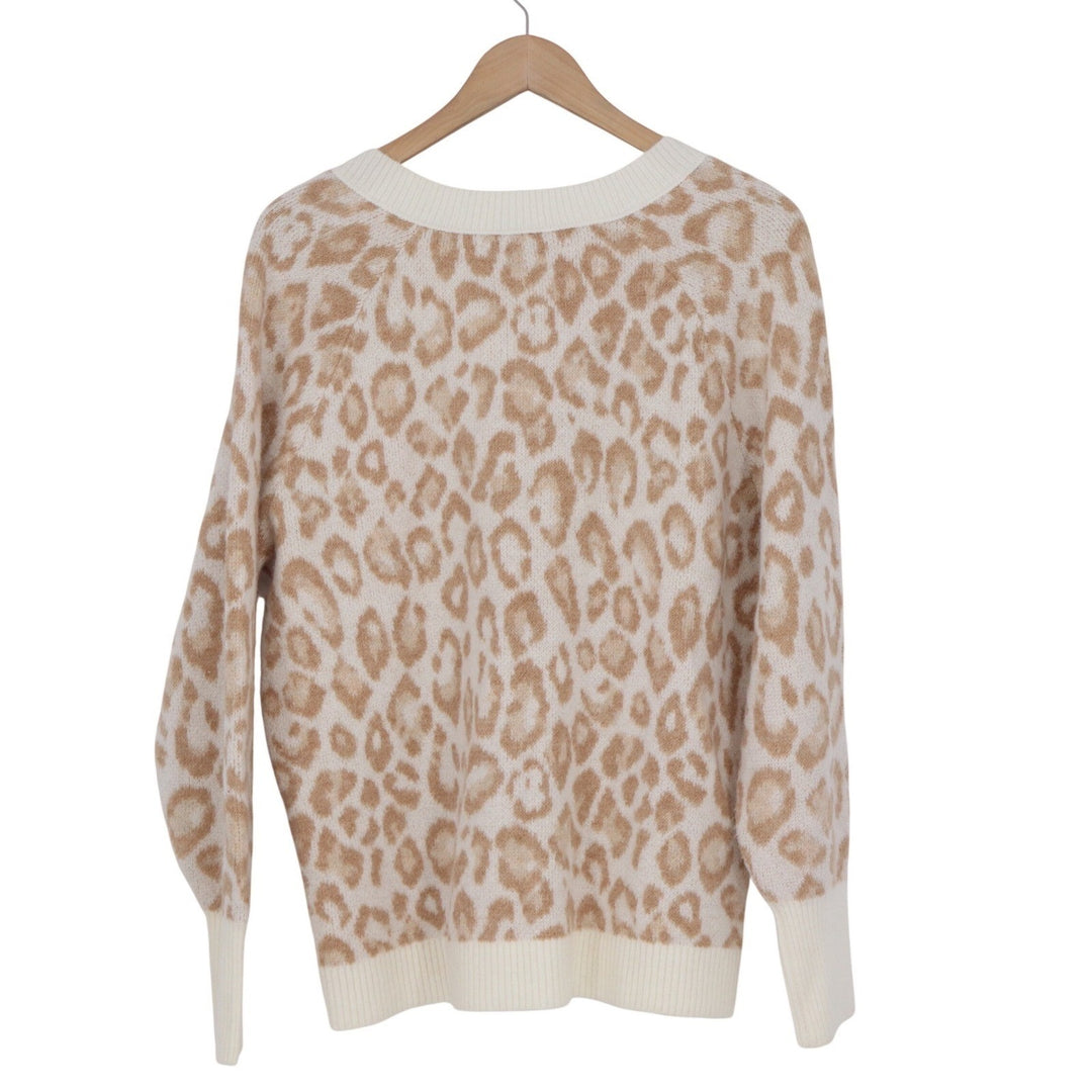 LOFT Womens Tan Leopard Print V-Neck Wool Blend Knit Sweater Size M