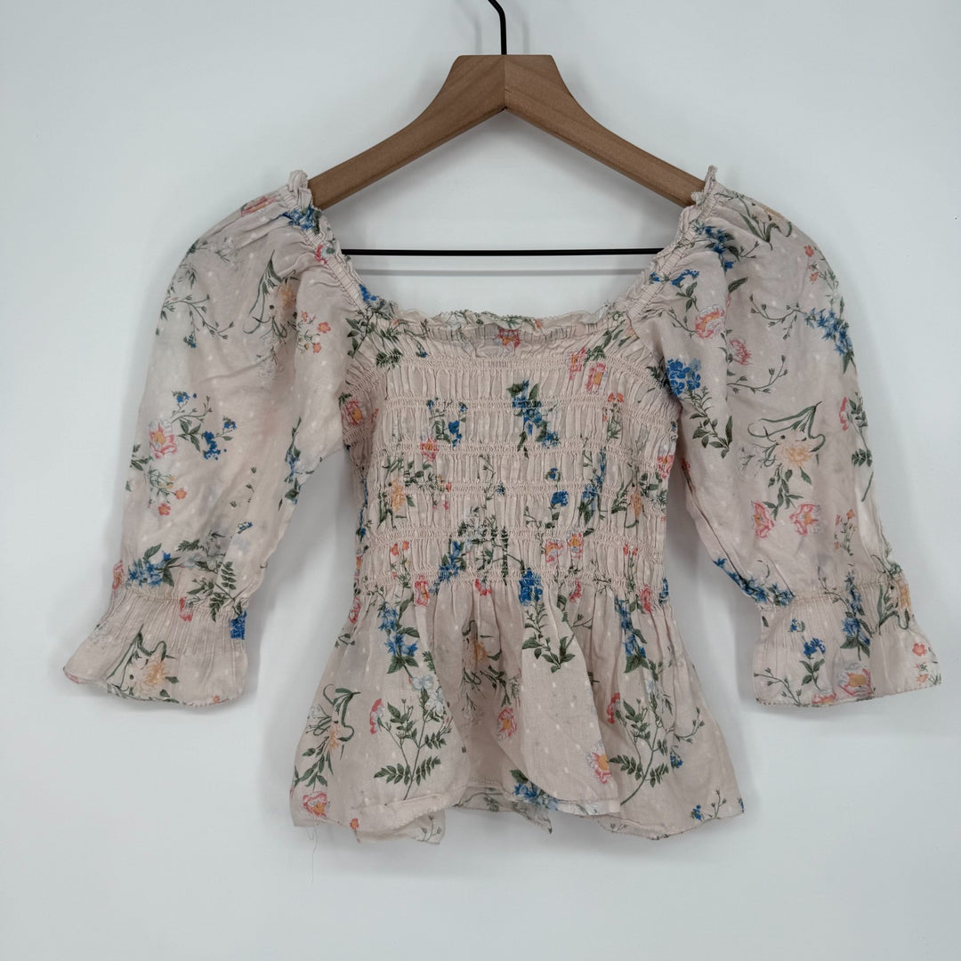Saylor Clover Blouse Top Womens XS Multicolor Floral Cotton Smocked Scoop Neck