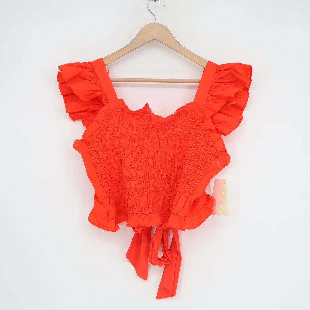 Meraki Cropped Top Womens Large Orange Cotton Stretch Smocked Bodice Back Tie