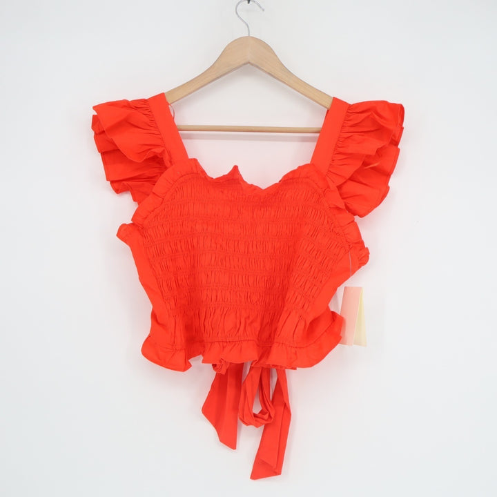 Meraki Cropped Top Womens Large Orange Cotton Stretch Smocked Bodice Back Tie
