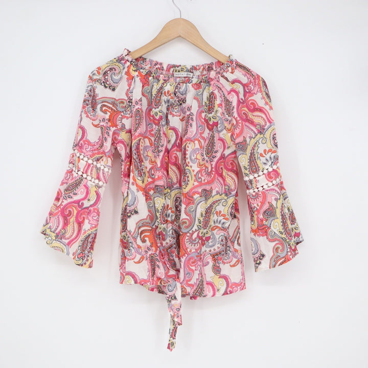 Notations Pink Paisley Off Shoulder Bell Sleeve Boho Tie Front Blouse Small
