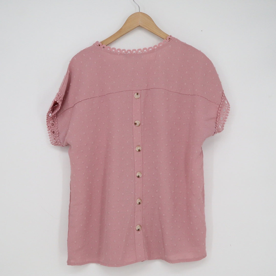 Dokotoo Womens L Dusty Rose Pink Swiss Dot Crochet Lace Button Back Blouse Top