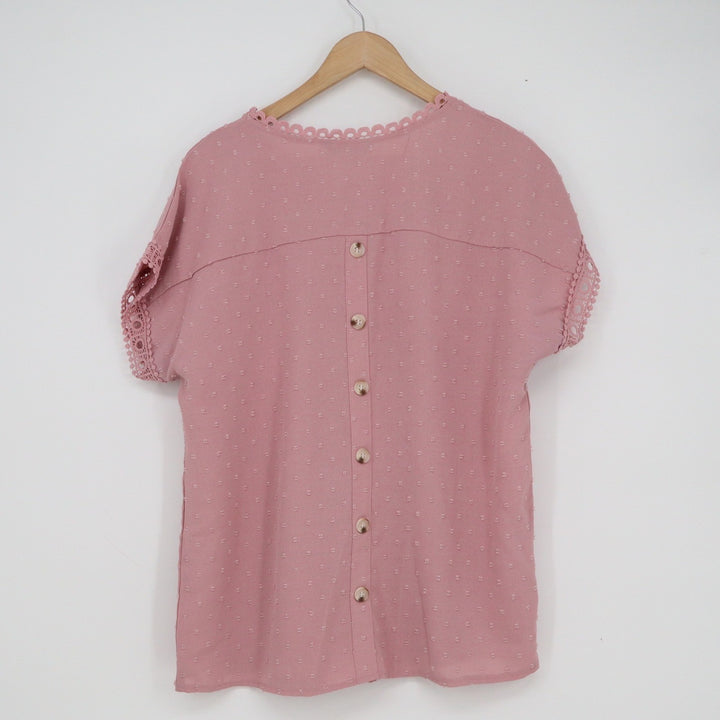 Dokotoo Womens L Dusty Rose Pink Swiss Dot Crochet Lace Button Back Blouse Top