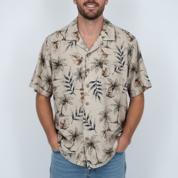 Batck Bay Mens Silk Hawaiian Shirt Tropical Palm Tree Print Button Up Size L