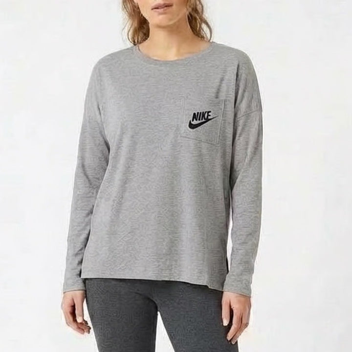 Nike T-Shirt Womens Large Heather Gray Front Pockets Long Sleeve High Low Hem