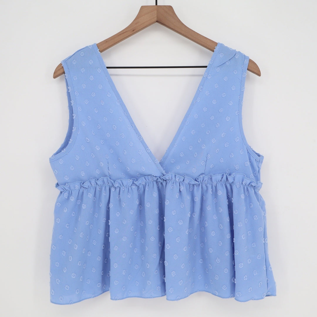 SHEIN Blue Swiss Dot V-Neck Ruffle Empire Waist Peplum Sleeveless Top Large