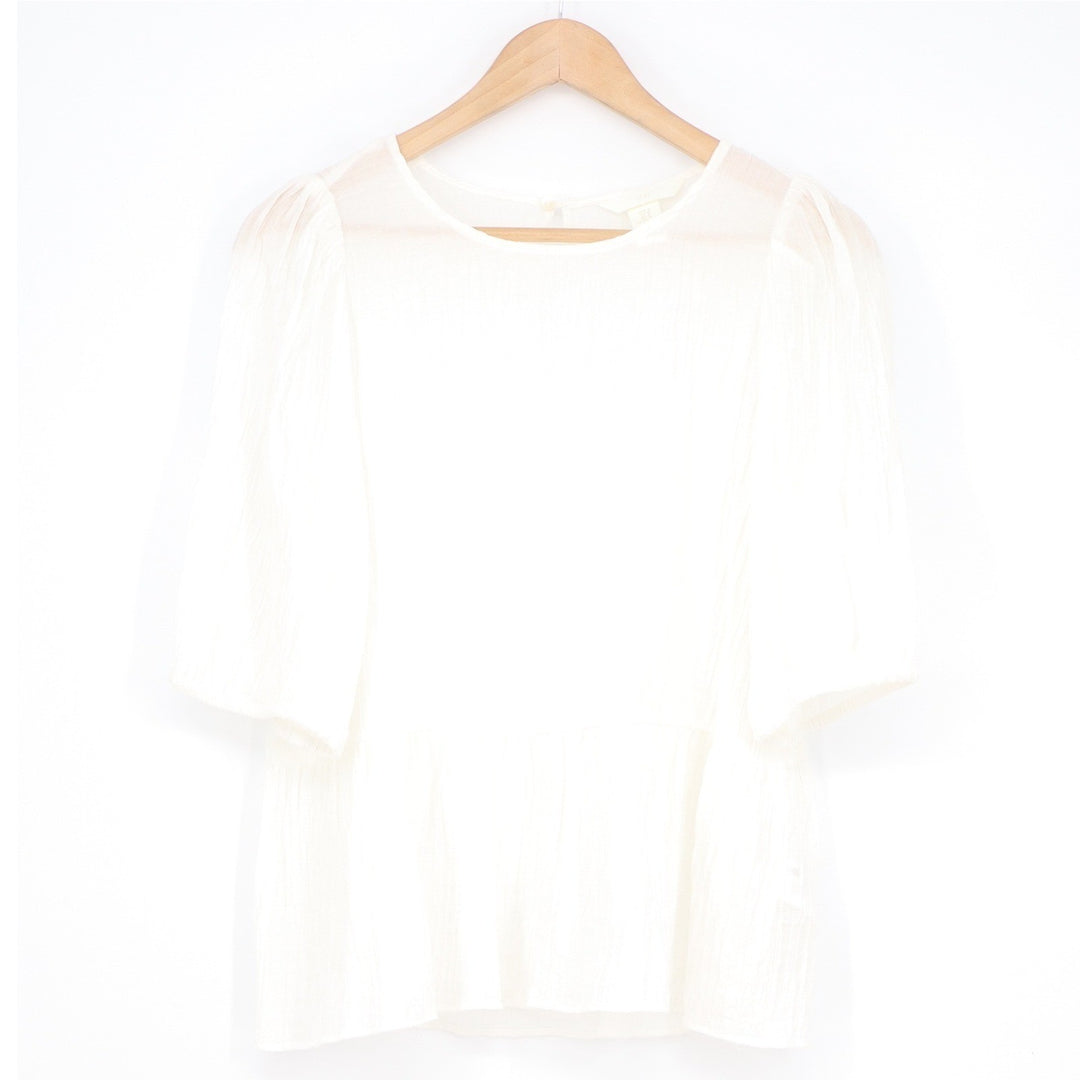 HM White Crinkled Peplum Puff Sleeve Blouse Medium 3 Keyhole Back