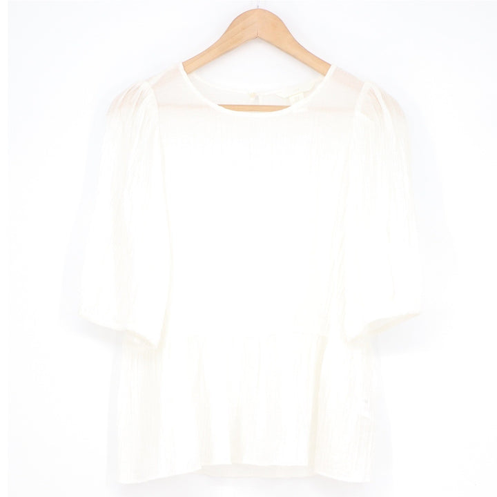 HM White Crinkled Peplum Puff Sleeve Blouse Medium 3 Keyhole Back