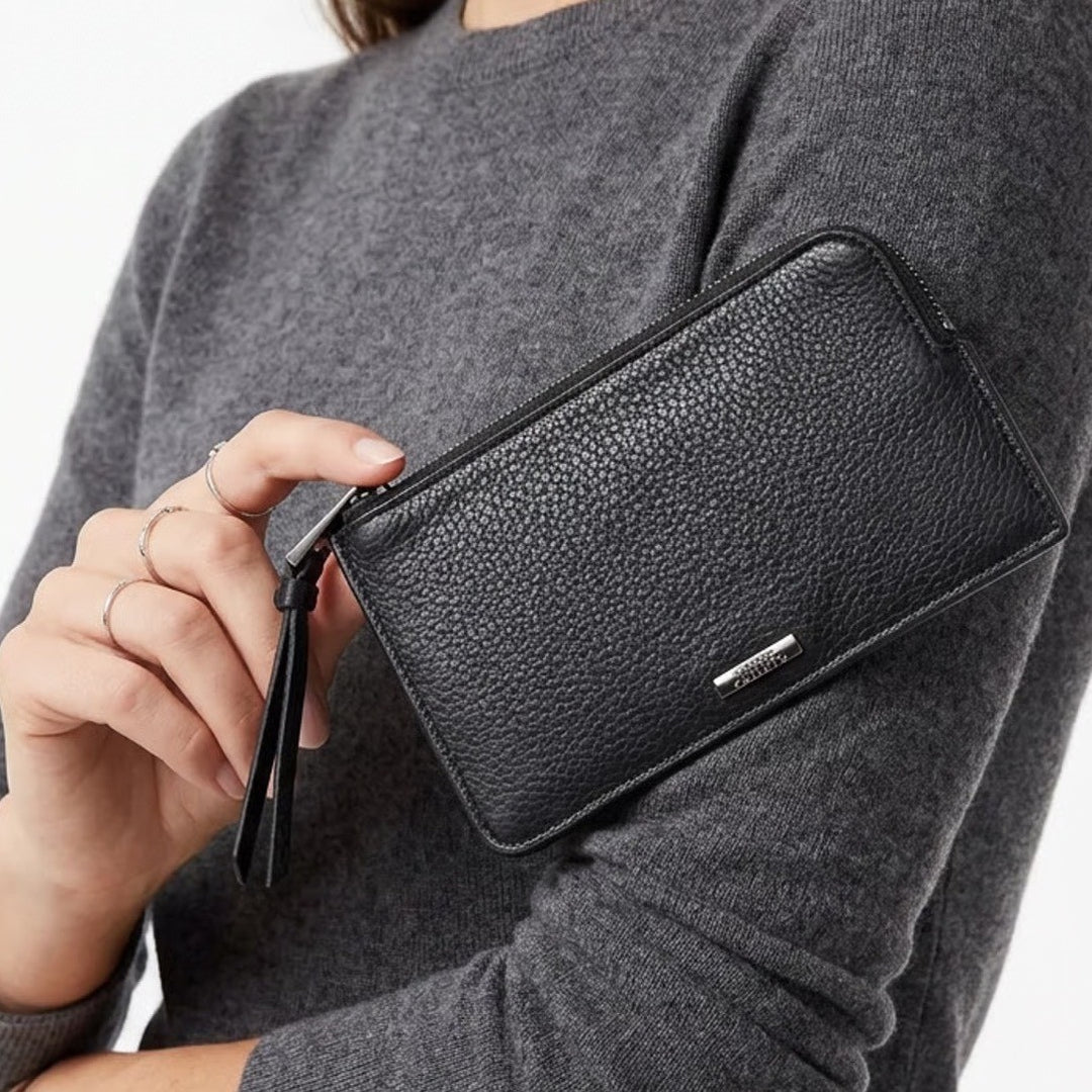 Vince Camuto Black Pebbled Leather L-Zip Card Holder Slim Wallet