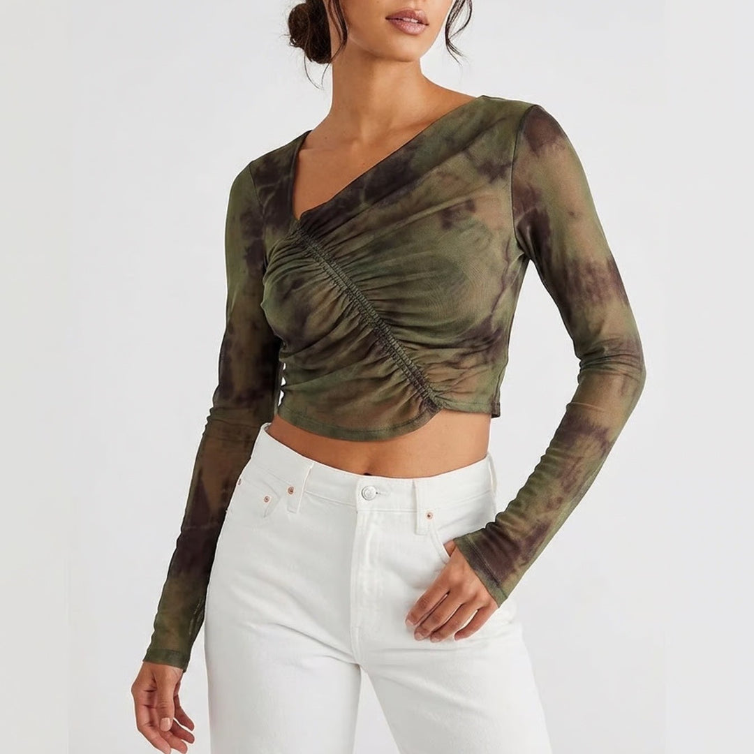 Free People Mesh Ruched Tie Dye Long Sleeve Crop Top Olive Green Black Large