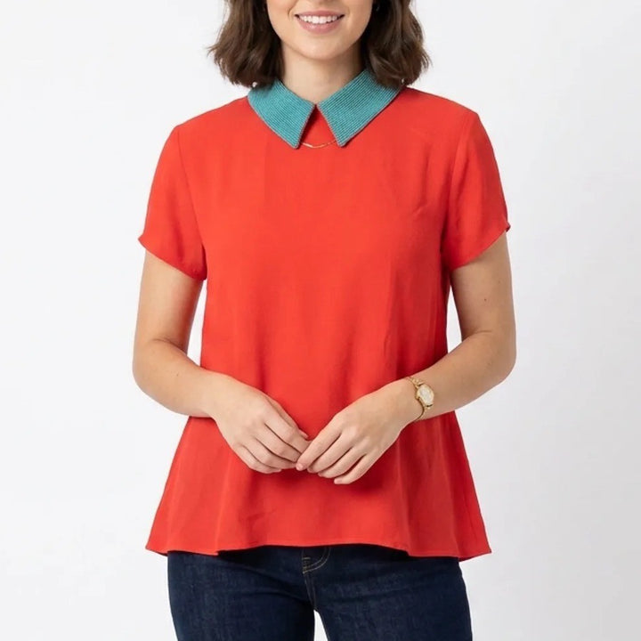 EPIC by JF & SON Red Short Sleeve Blouse Teal Beaded Peter Pan Collar Medium