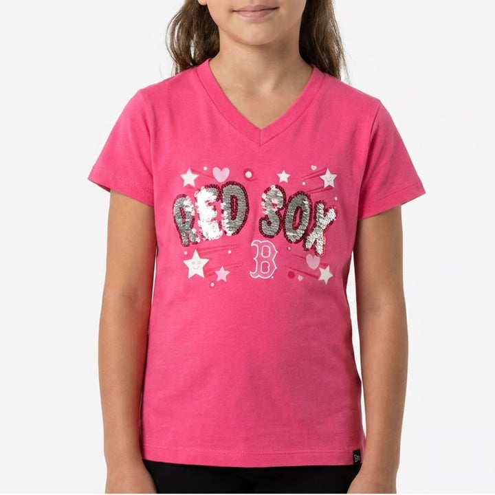 New Era Boston Red Sox Girls Pink Sequin V-Neck T-Shirt Size 10/12 MLB 2024