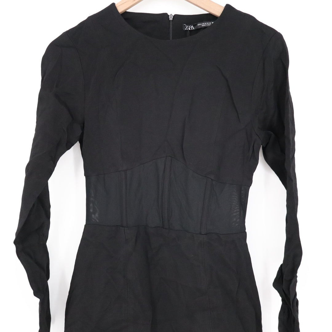 Zara Mini Dress Womens M Black Polyamide Stretch Corset Mesh Waist Long Sleeve