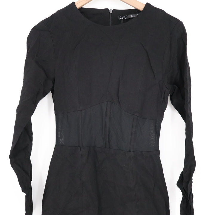 Zara Mini Dress Womens M Black Polyamide Stretch Corset Mesh Waist Long Sleeve