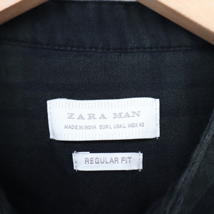 Zara Man Green Black Plaid Mandarin Collar Raw Hem Button Up Shirt Mens Large L