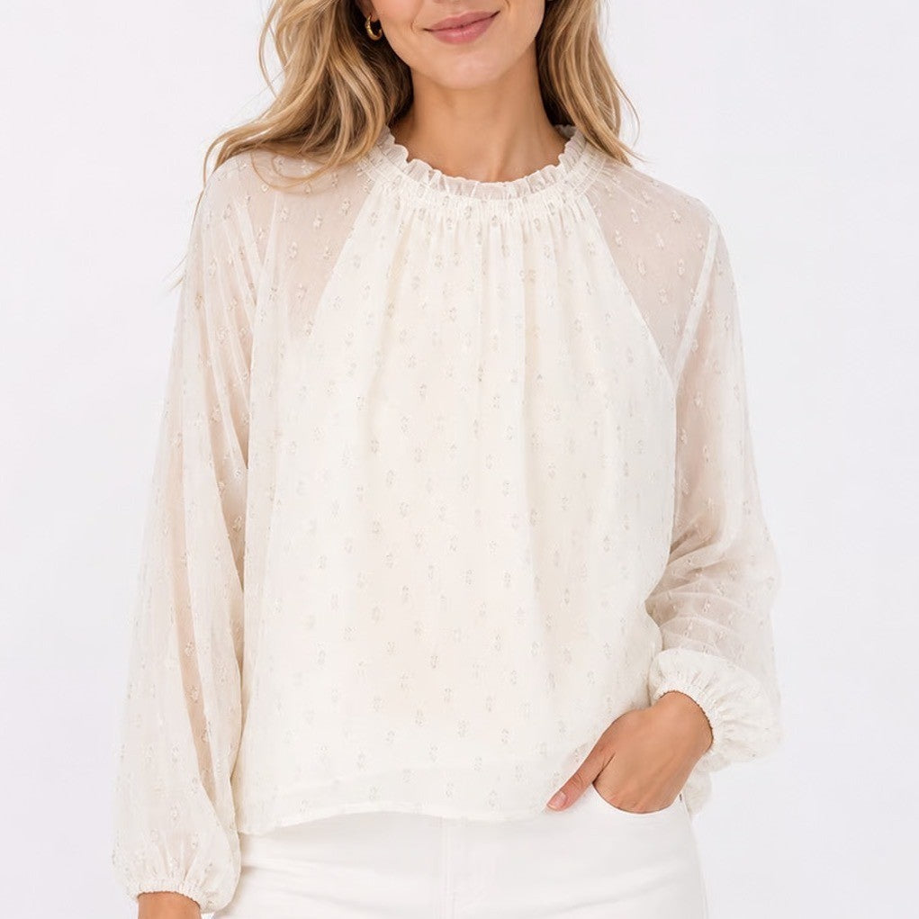 Talbots Womens Ivory Metallic Clip Dot Ruffle Neck Blouse Top Size M