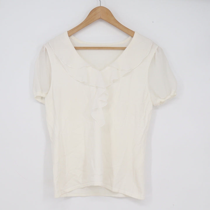 Cream Ruffle V-Neck Knit Top Sheer Puff Short Sleeve Blouse Size M/L