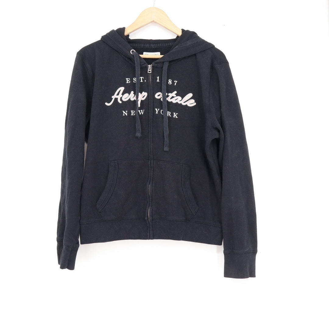Aeropostale Womens XL Black Full Zip Graphic Hoodie Est 1987 New York Sweatshirt