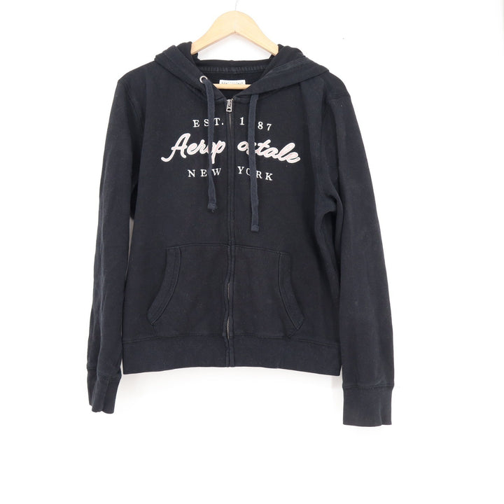 Aeropostale Womens XL Black Full Zip Graphic Hoodie Est 1987 New York Sweatshirt