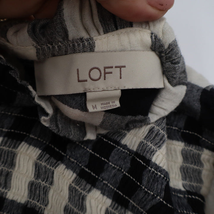 LOFT Black White Buffalo Plaid Smocked Ruffle Neck Blouse Top Medium