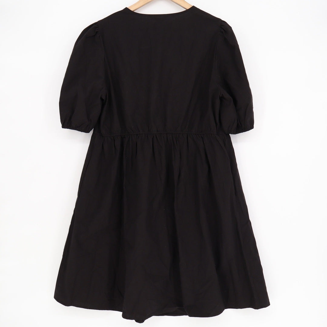 PrettyGarden Black Lyocell Cotton Tie Neck Puff Sleeve Babydoll Dress Large