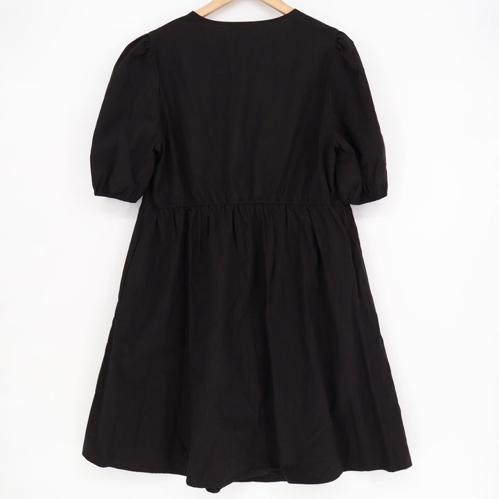 PrettyGarden Black Lyocell Cotton Tie Neck Puff Sleeve Babydoll Dress Large